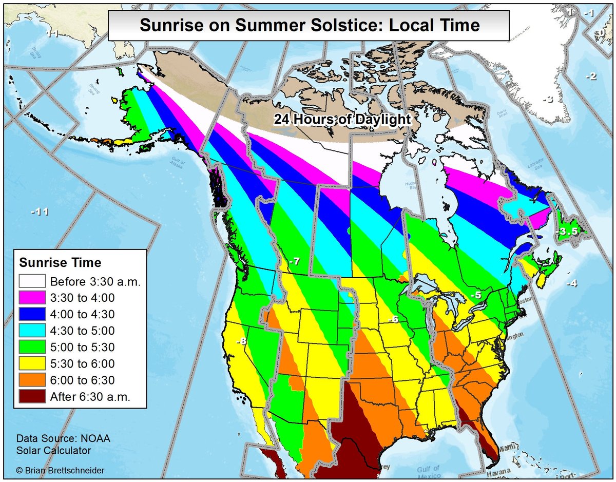 Sunrise time, sunset time, and hours of daylight on the summer solstice