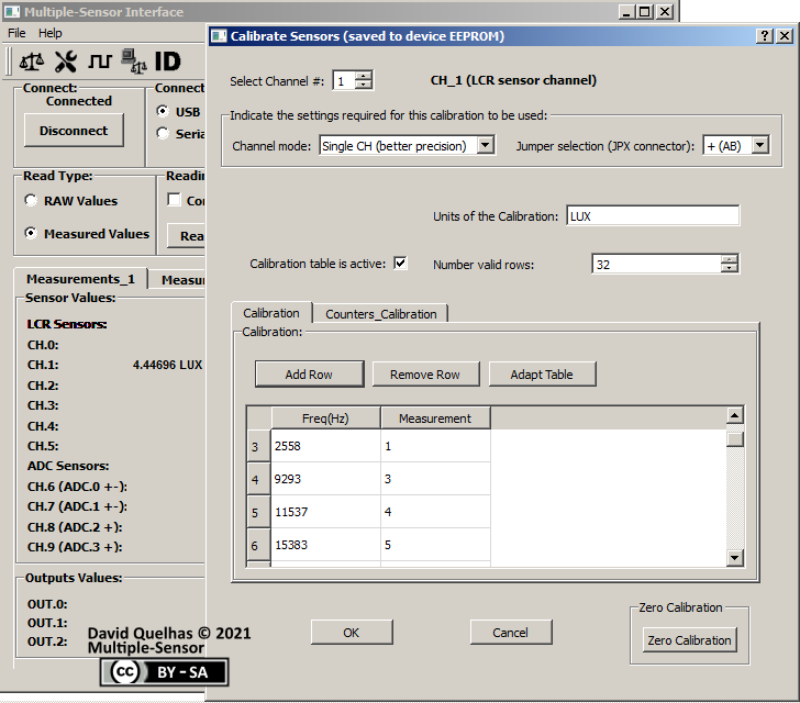 Calibration dialog for LCR (or ADC) sensors