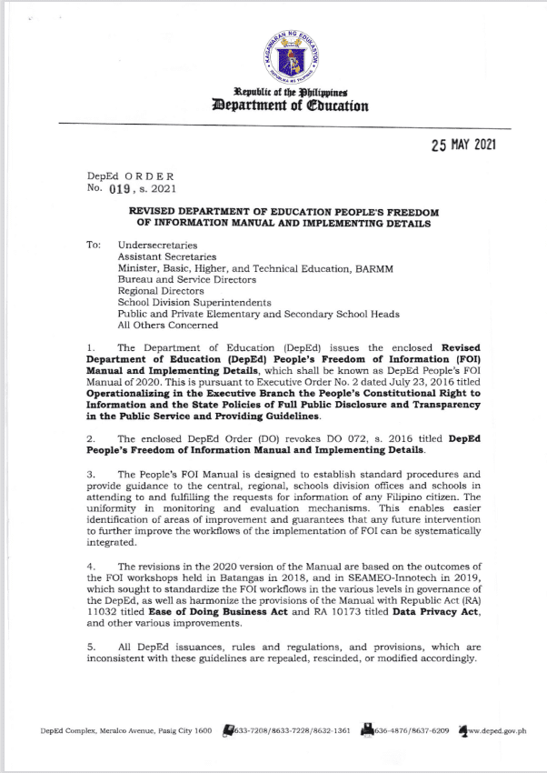 Deped order no 019 s 2021 revised department of education people s