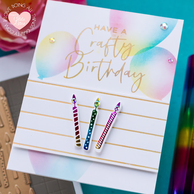 Foiled Rainbow Birthday Cards,#SpellbindersClubKits #NeverStopMaking, Spellbinders,Yana's Blooming Birthday Glimmer Collection,Card Making, Stamping, Die Cutting, handmade card, ilovedoingallthingscrafty, how to,Foil Stamping,