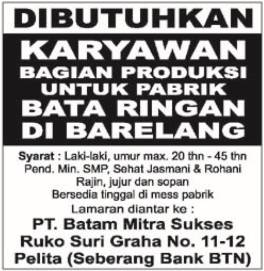 Lowongan Kerja Karyawan PT. BATAM MITRA SUKSES - Bursa ...