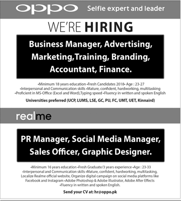 Oppo Jobs 2020 for Managers & Sales Officer