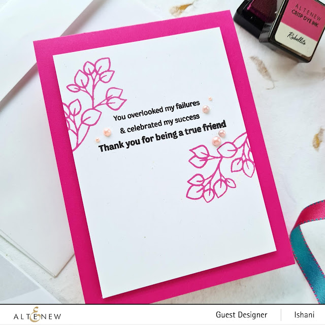 ALtenew True friends stamp set and stencil bundle, Friendship cards, CAS cards girl for friends, Simple stamped card, Pink card for girls,, Leaf cards, card with leaves, Clean and simple cards, Quillish, Guest designer Ishani, Altenew guest designer