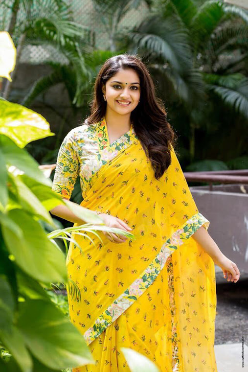 Keerthy Suresh in yellow saree at Nadigaiyar Thilagam Promotions