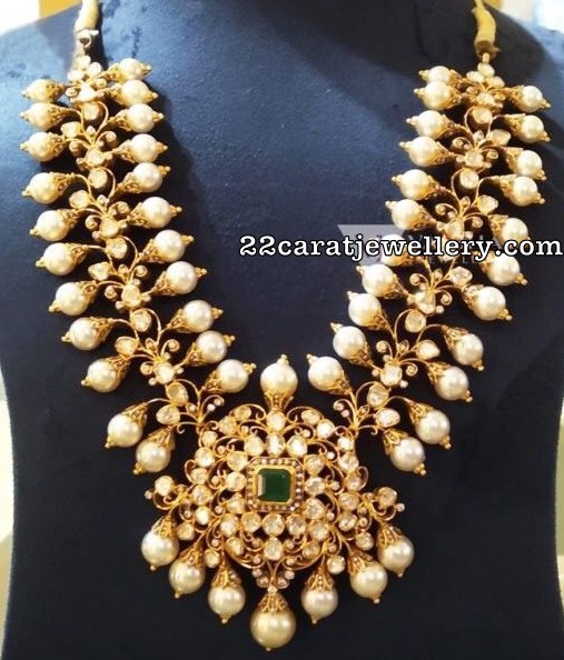 Polki Necklace with Pearls by Vaibhav Jewellers
