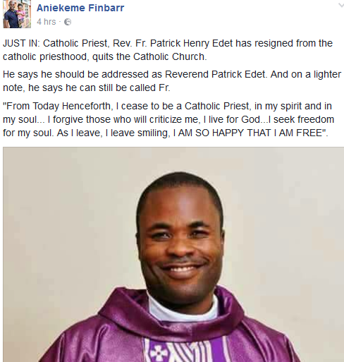 Rev Fr. Patrick Edet Resigns As Catholic Priest