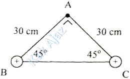 Dua muatan listrik muatannya 0,2 μC diletakkan di titik B dan C sebuah segitiga sama kaki, Soal No. 32 Fisika UN 2018