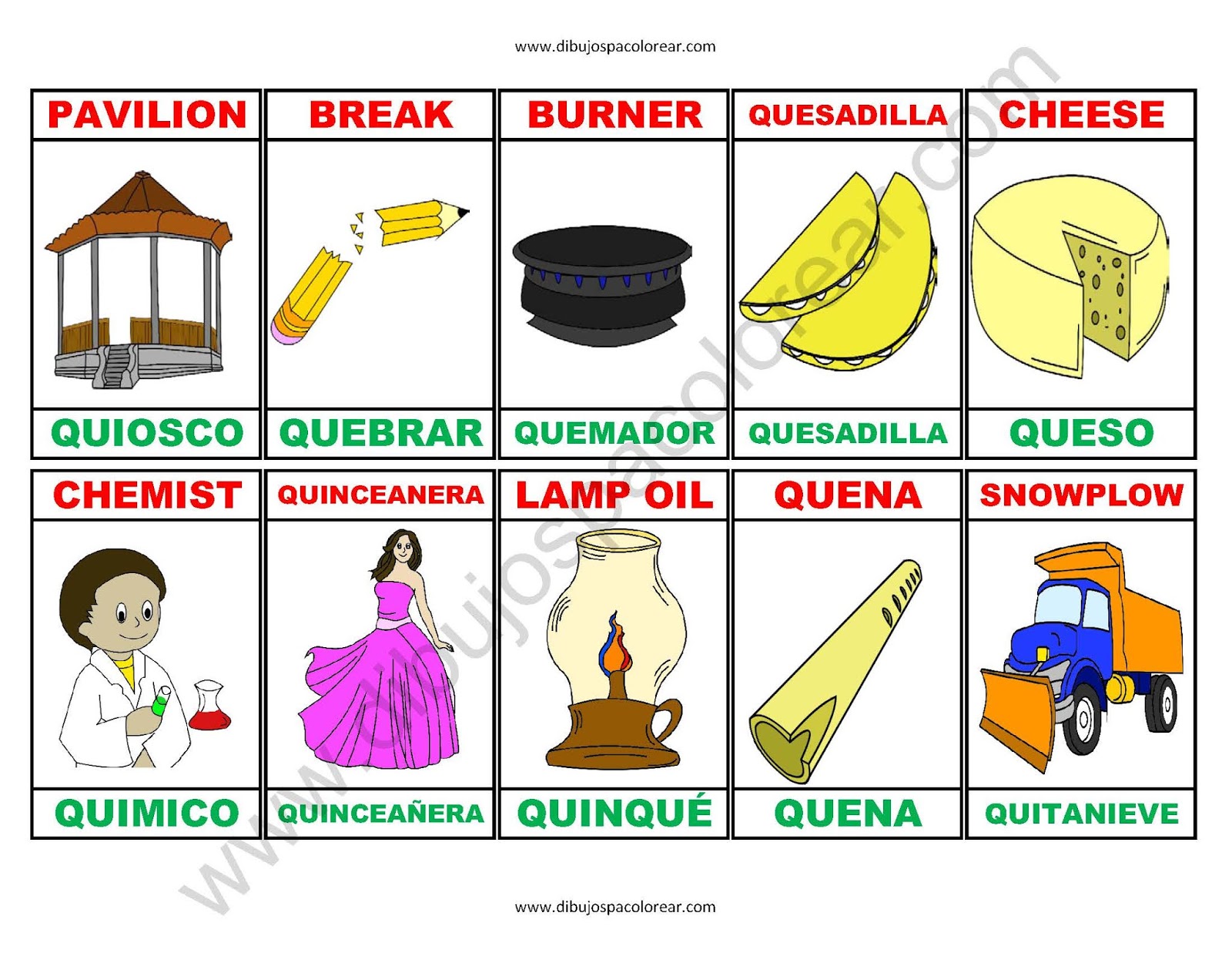 Memorama a color Español - Ingles de la letra Q