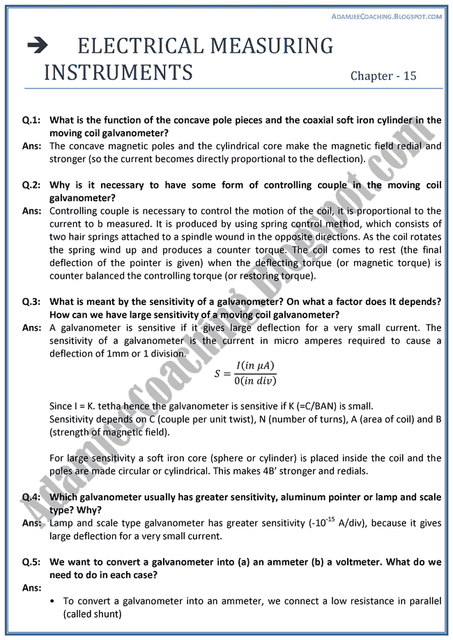 Adamjee Coaching Electrical Measuring Instruments Question Answers