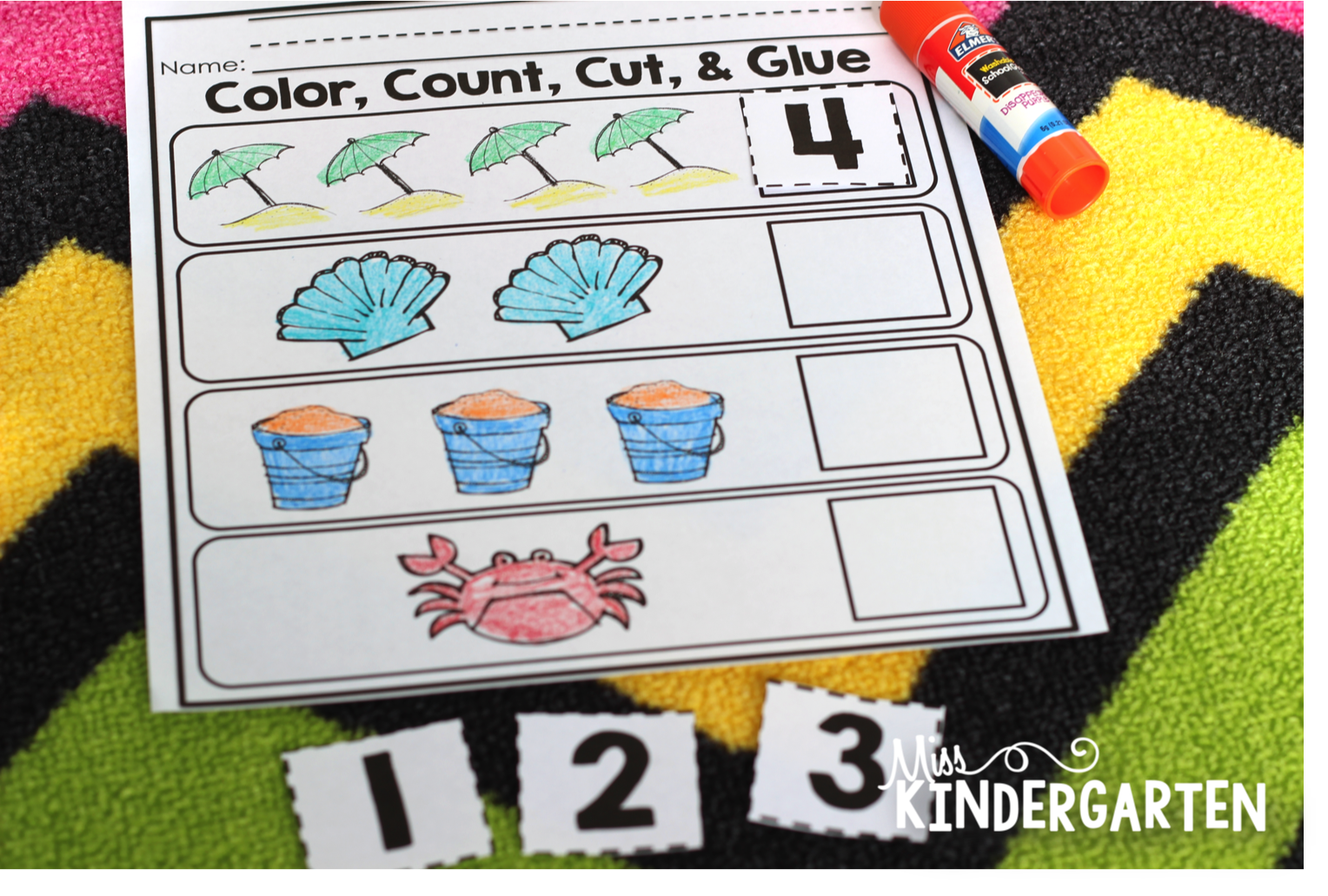 Beach theme Color, Count, Cut & Glue worksheet