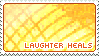 a yellow stamp with an orange crosshatched pattern in the background and text that reads 'LAUGHTER HEALS'