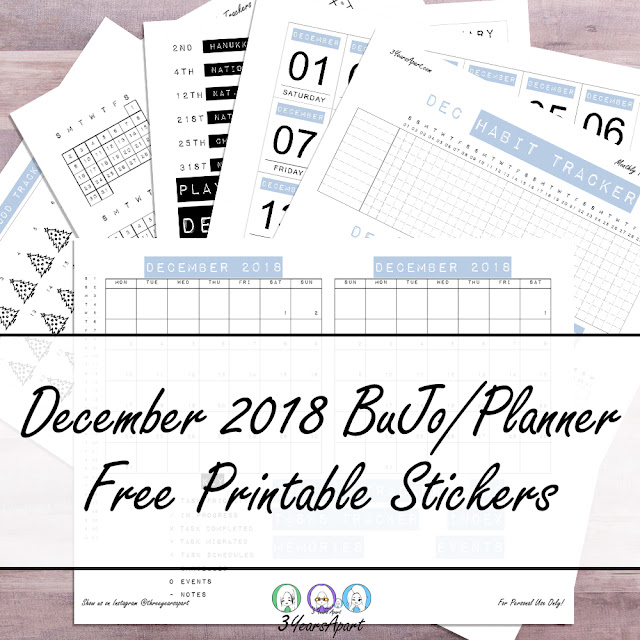 6 sheets of bullet journal / Planner stickers and printables with Mood Tracker, Habit Tracker, Daily Dates, and Calendar by 3 Years Apart (Three Years Apart)