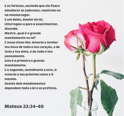 "34. E os fariseus, ouvindo que ele fizera emudecer os saduceus, reuniram-se no mesmo lugar.  35. E um deles, doutor da lei, interrogou-o para o experimentar, dizendo:  36. Mestre, qual é o grande mandamento na lei?  37. E Jesus disse-lhe: Amarás o Senhor teu Deus de todo o teu coração, e de toda a tua alma, e de todo o teu pensamento.  38. Este é o primeiro e grande mandamento.  39. E o segundo, semelhante a este, é: Amarás o teu próximo como a ti mesmo.  40. Destes dois mandamentos dependem toda a lei e os profetas."    Mateus 22:34-40