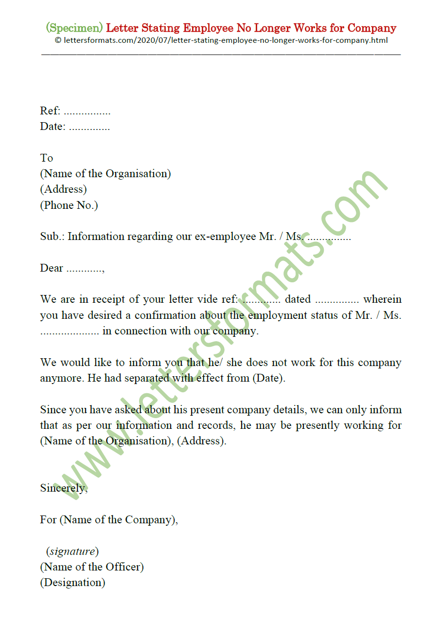Sample Letter Stating Employee No Longer Works for Company