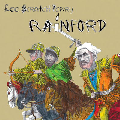 Lee Scratch Perry's album "Rainford" Lee Perry is depicted in three poses, riding horses into battle: one brandishing a sword, another a bow and arrow, and the third urging his followers forward into the fight.
