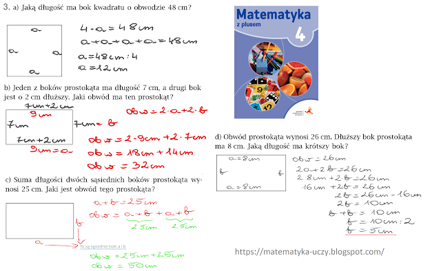 Zad. 3 a,b,c,d, str.136 "Matematyka z plusem 4" Obwody prostokąta i kwadratu