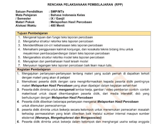 RPP 1 Lembar Kelas 9 SMP/MTs Mapel umum lengkap