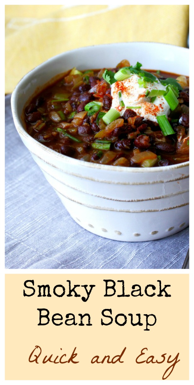 This Smoky Black Bean Soup is perfect for a busy weeknight meal. Pair it with a salad, and you have dinner for two.