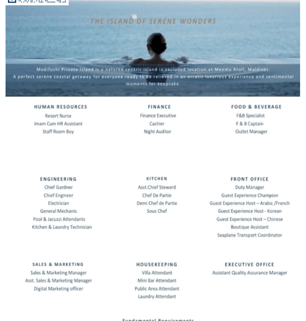 Madifushi Private Island Maldives Careers and Jobs, Employment Pre