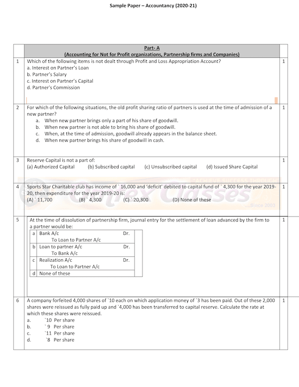 Accountancy SQP Class XII Sample Question Paper & Marking Scheme for Exam 2020-21 Accountancy SQP Class XII Sample Question Paper & Marking Scheme for Exam 2020-21