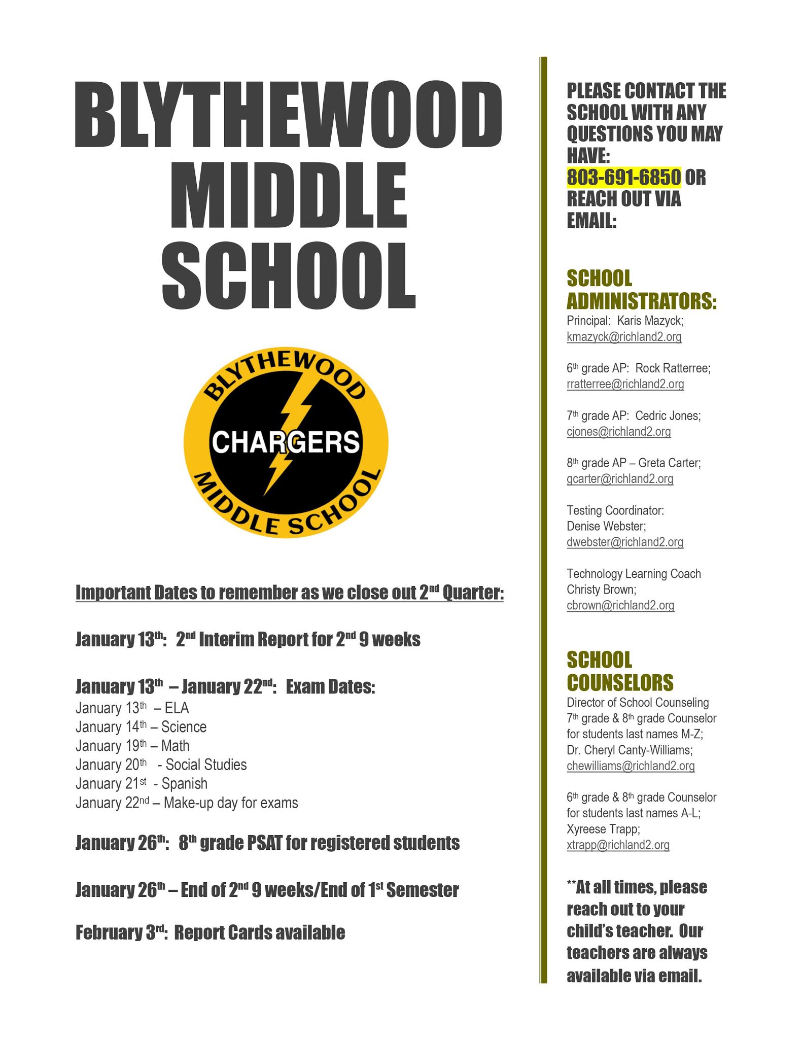 Blythewood Middle School BMS Important Dates...