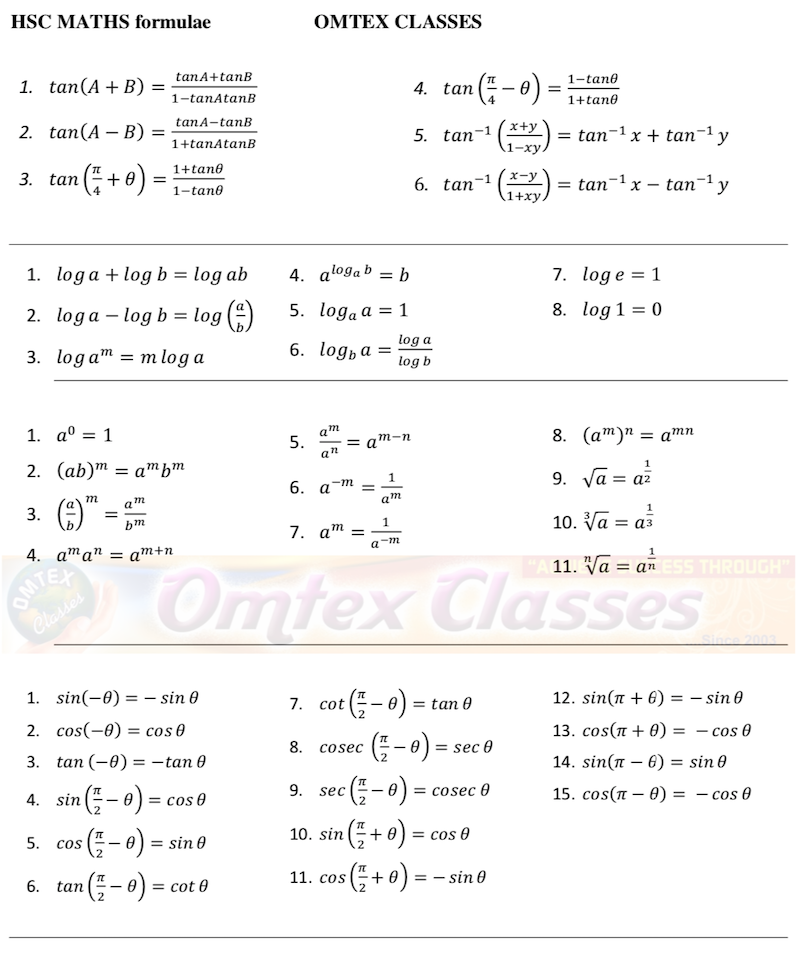 HSC 12TH MATHS FORMULA FOR BOARD EXAM 2020 VERY VERY IMPORTANT PDF DOWNLOAD.