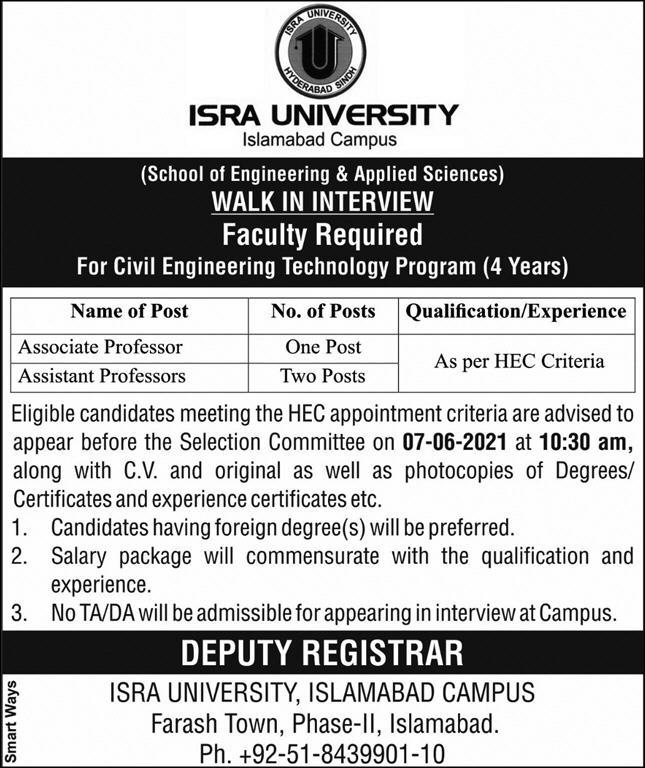 ISRA University Islamabad Jobs 2021 in Pakistan ISRA University Islamabad Jobs 2021 in Pakistan