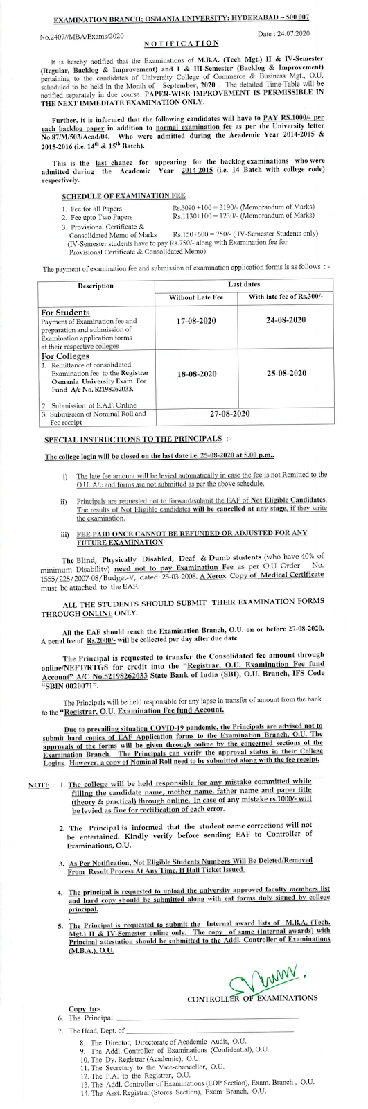 Osmania University MBA Tech Mgmt 1st to 4th Sem Reg ,Backlog & Improvement Sep 2020 Exam Fee Notification