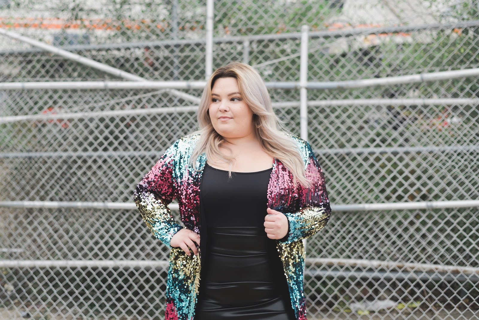 natalie Craig, natalie in the city, Chicago plus size fashion blogger, Chicago plus size model, sequin blazer, plus size sequins, wedge sneakers, inavie boutique, affordable plus size fashion, sequins fall 2017, how to wear sequins, plus model magazine, midwest blogger, Chicago fashion, rainbow sequins, curves and confidence
