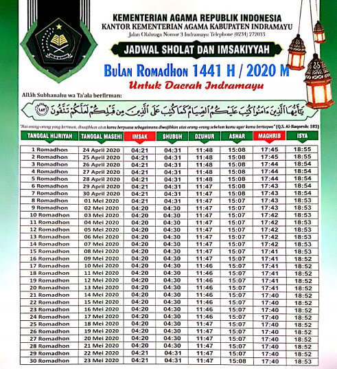 Jadwal Sholat, Buka Puasa dan Imsyak 1441H/2020 Untuk Wilayah Indramayu