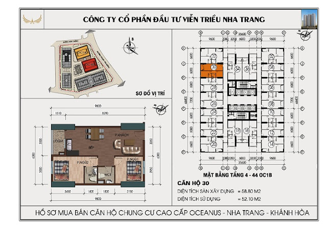 Mặt bằng Căn 30 Chung Cư OC1B Mường Thanh Viễn Triều Nha Trang