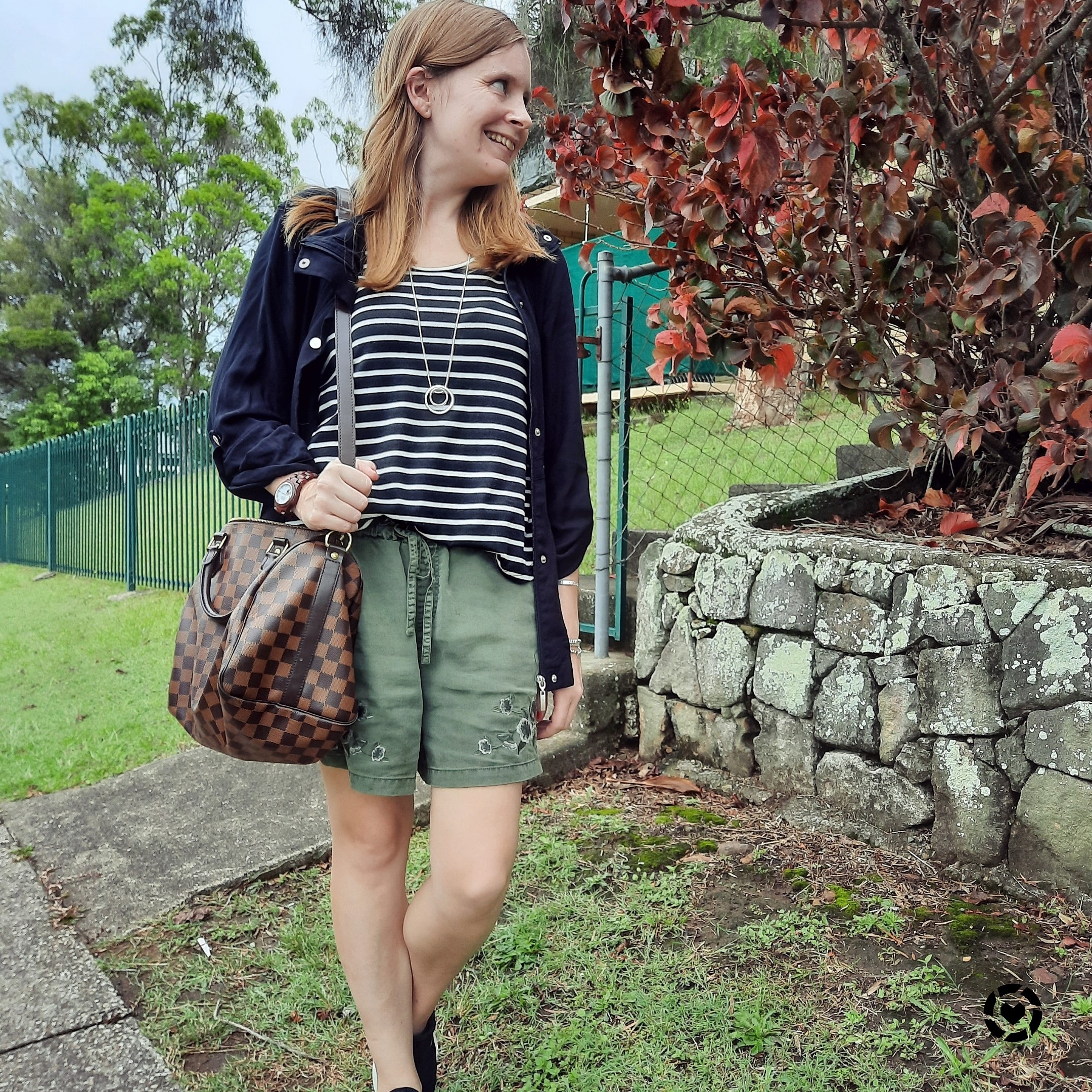 Away From Blue  Aussie Mum Style, Away From The Blue Jeans Rut: Olive And  Black Striped Tanks and Shorts Outfits With LV Speedy Bandouliere