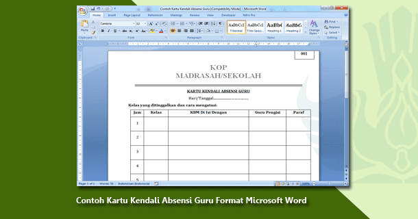 Contoh Kartu Kendali Absensi Guru Format Microsoft Word - Arsip Guru