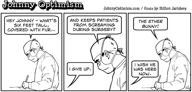 johnny optimism, medical, humor, sick, jokes, boy, wheelchair, doctors, hospital, stilton jarlsberg, surgeon, surgery, anesthesia, easter, holiday, ether, bunny