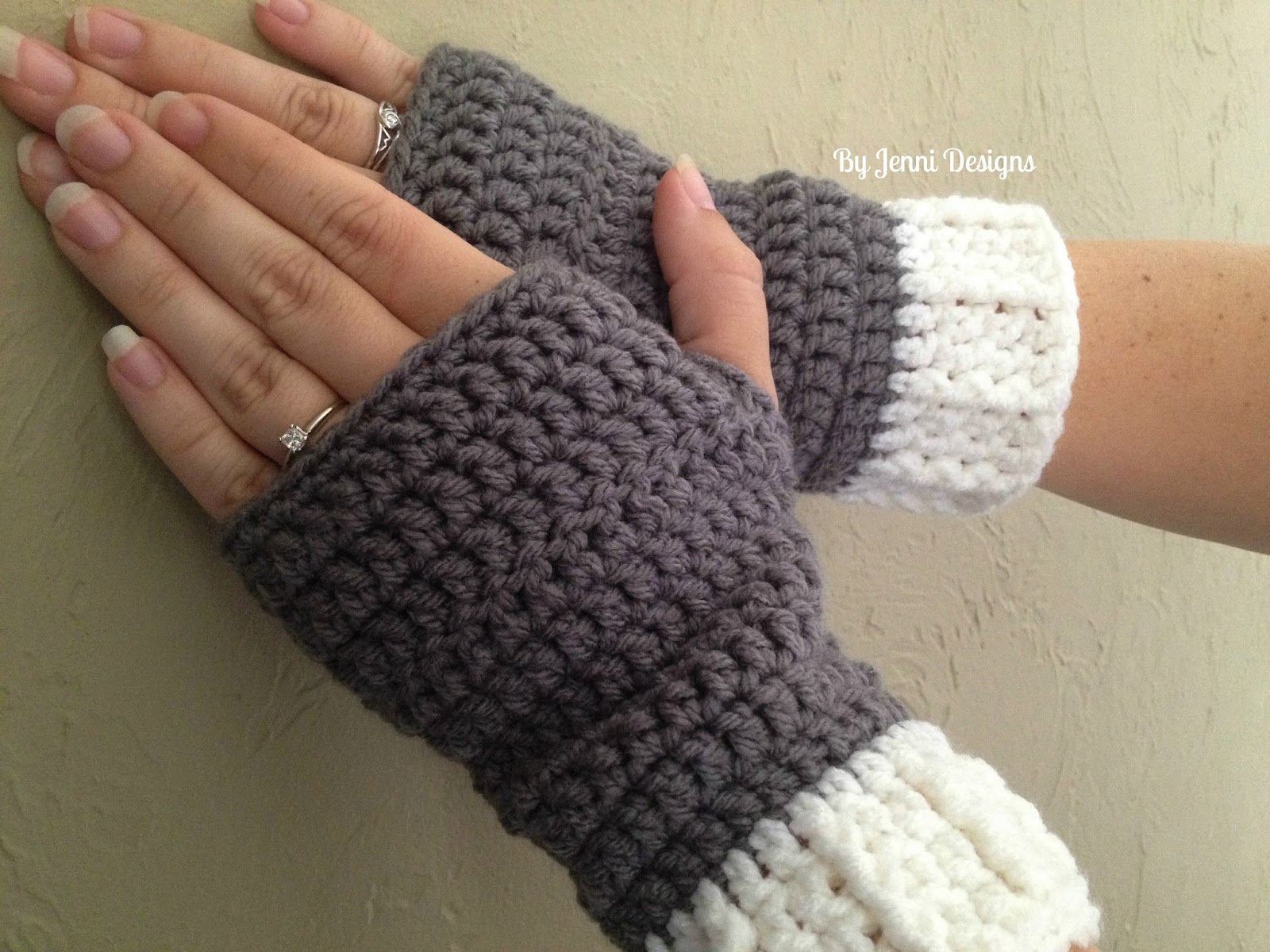 By Jenni Designs Free Crochet Pattern Easy Ribbed Cuff Fingerless Gloves