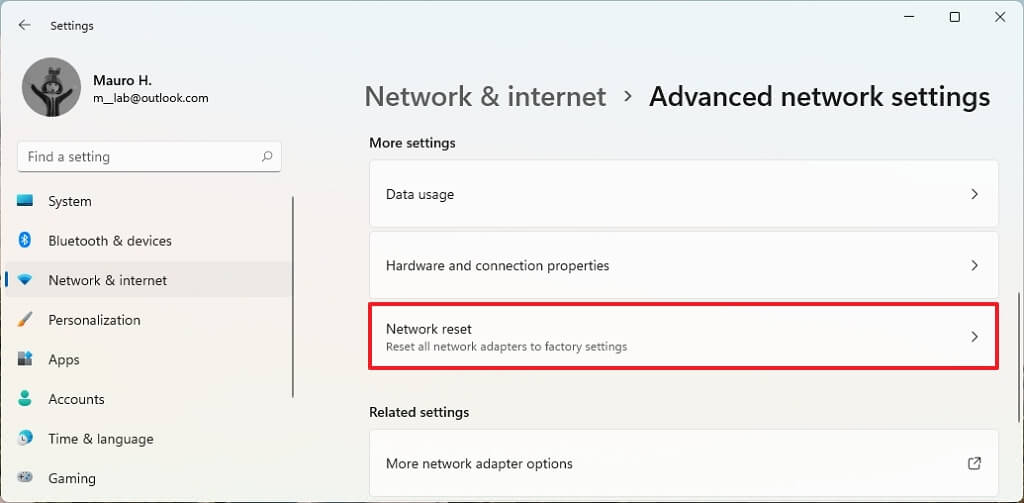 windows 11 network reset tab