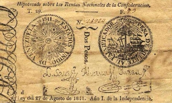 Billete de Dos Pesos Venezuela 1811