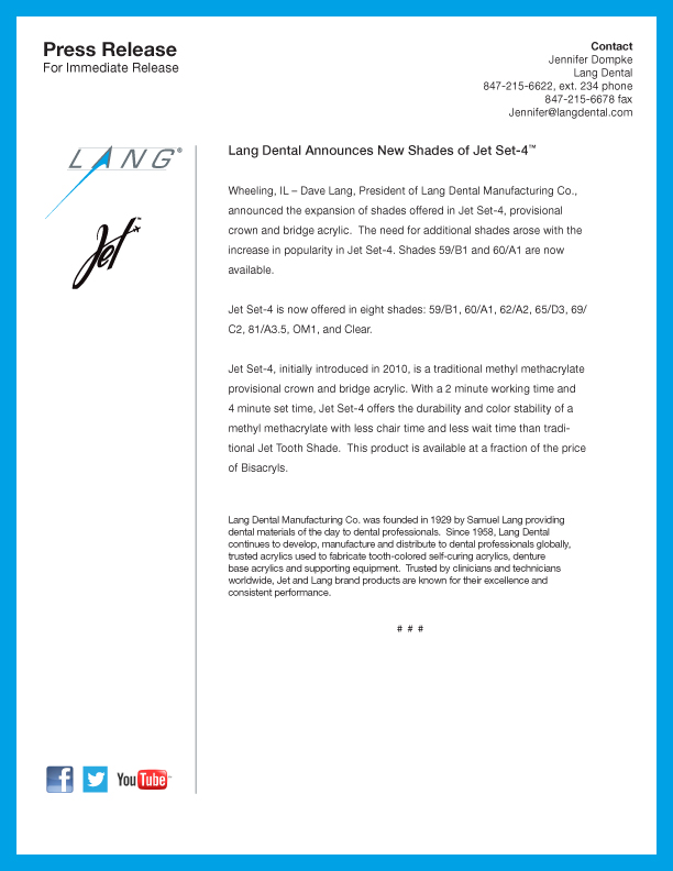 Lang Dental Manufacturing Co., Inc. Lang Dental Announces New Shades