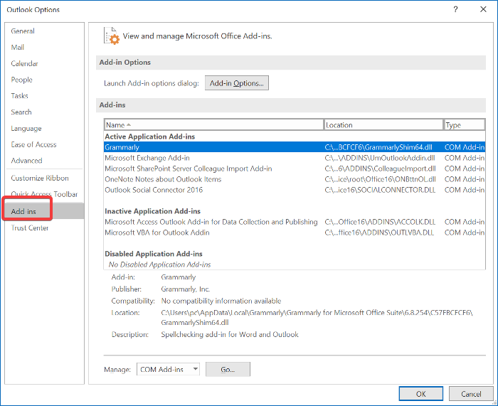 deshabilite los complementos de Outlook para reparar su instalación de Microsoft Outlook