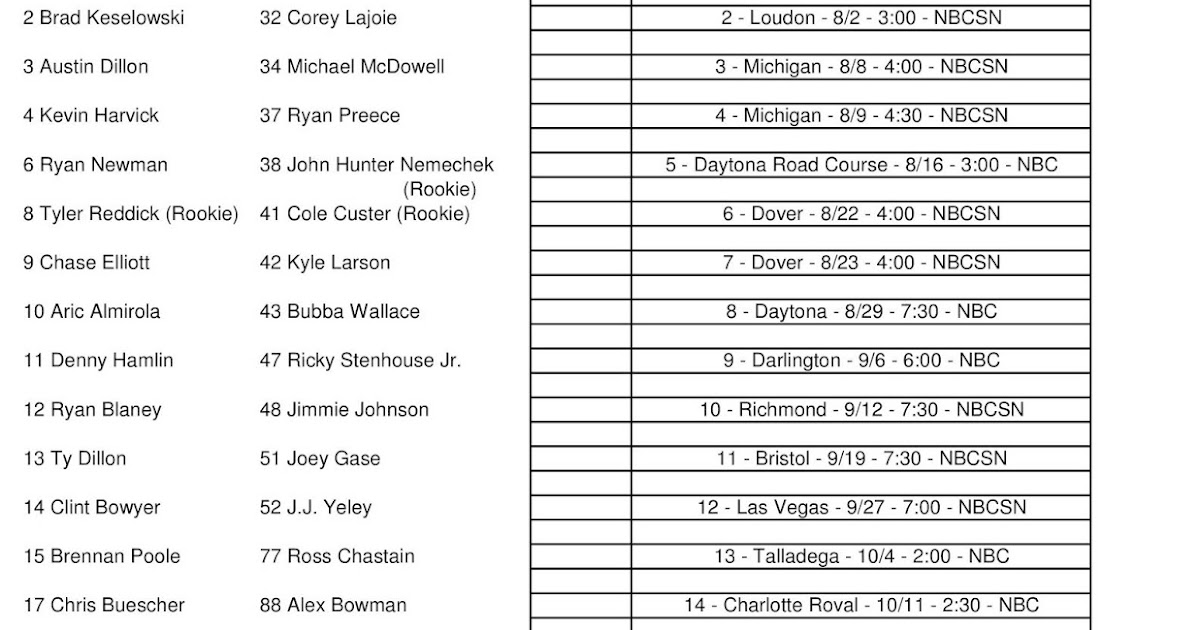 Paul's Nascar Pool Page: 2nd Half Pool Sign Up Sheets