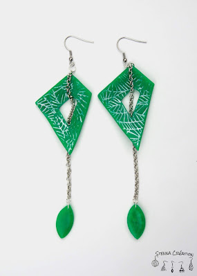 Boucles oreilles pâte polymère transparence verte assemblage Stenna Création Fimo