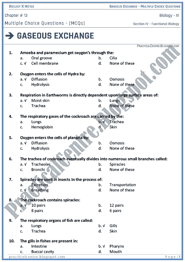 gaseous-exchange-mcqs-biology-xi