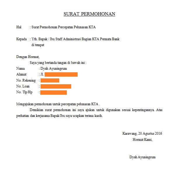 Contoh Surat Permohonan Percepatan Pelunasan KTA Permatabank  Dazzling