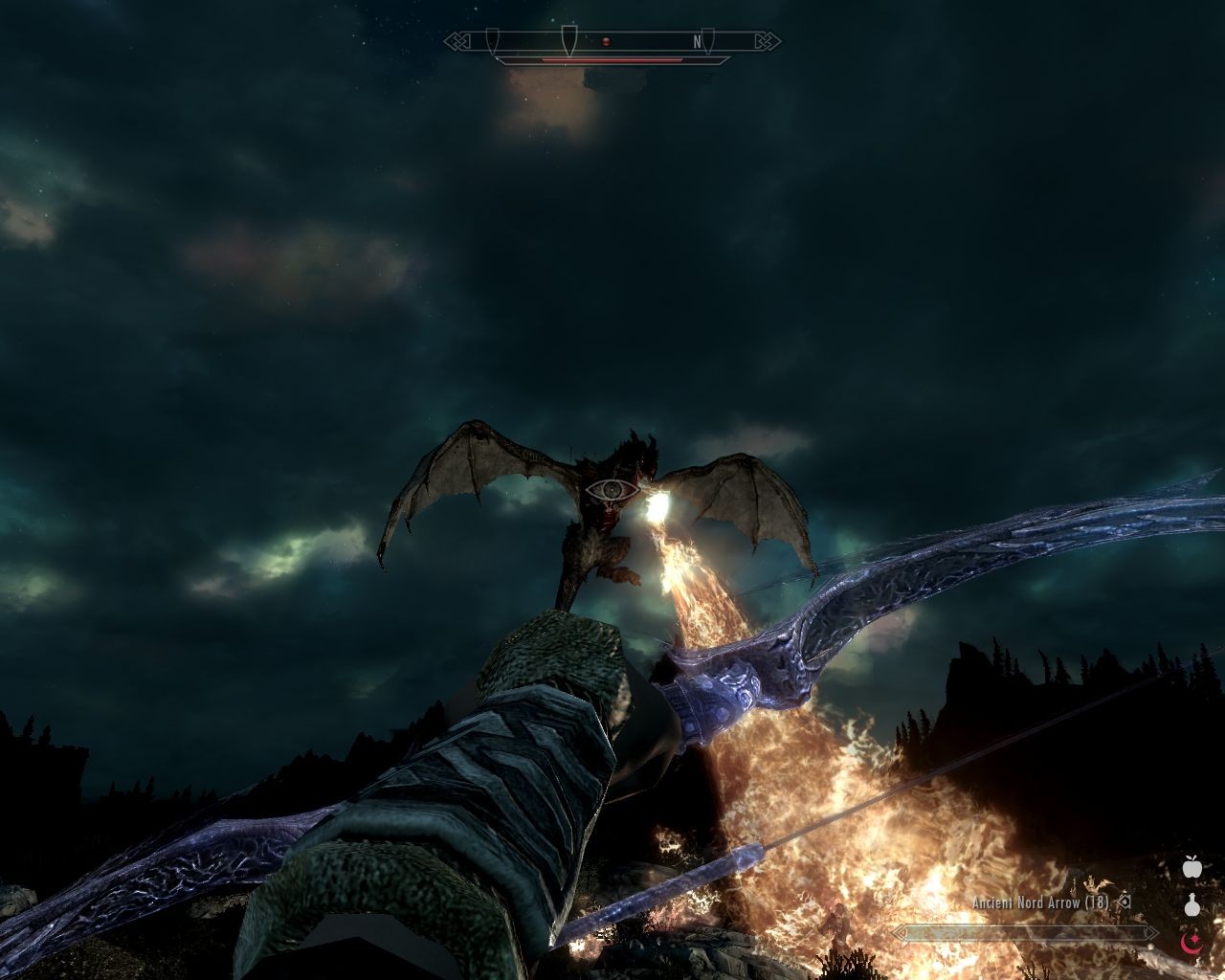 mostly cloudy night sky, dragon is floating quite far away, spewing fire at someone on the ground