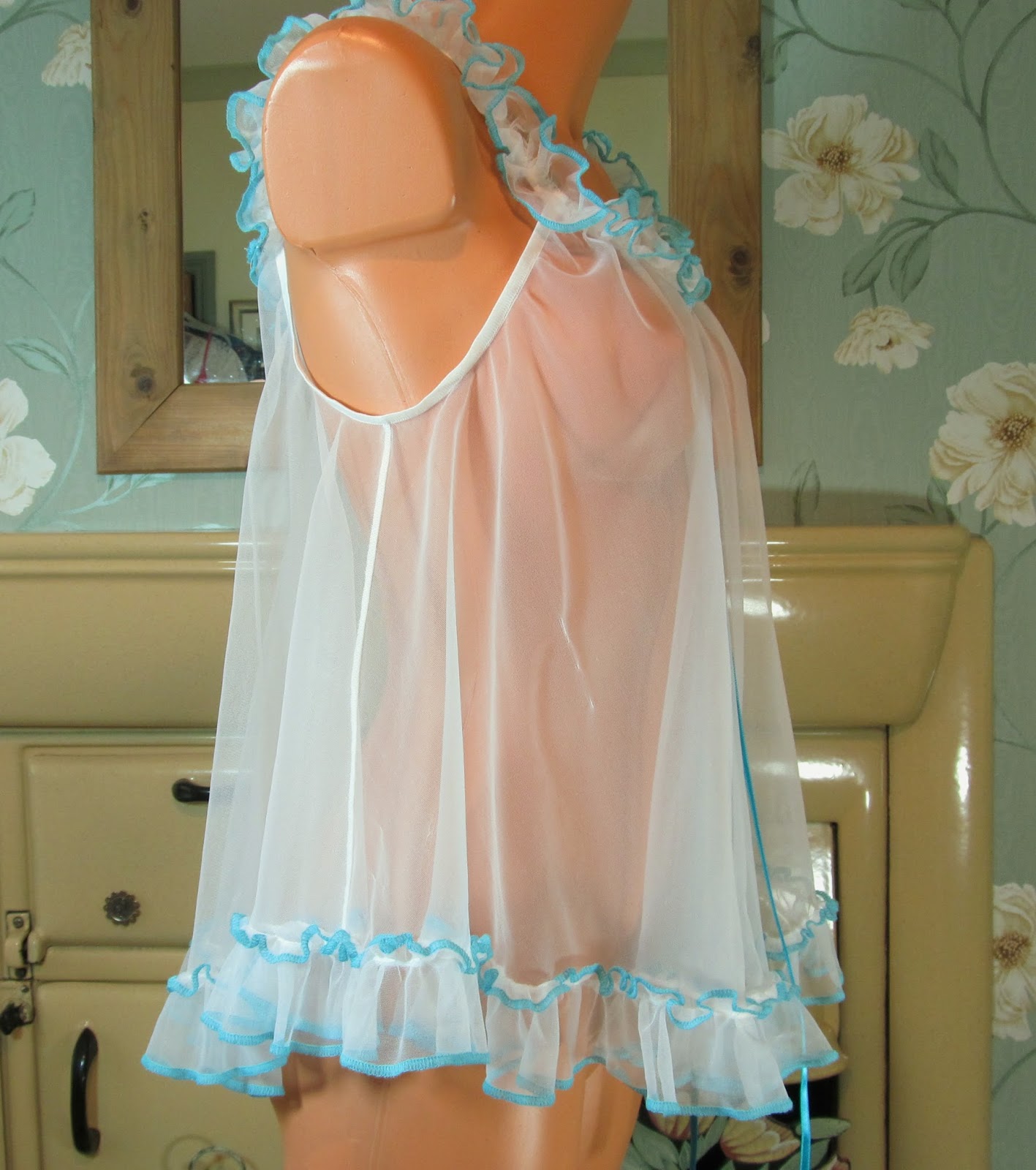 Vintage white blue soft sissy frilly sheer chiffon babydoll nightie