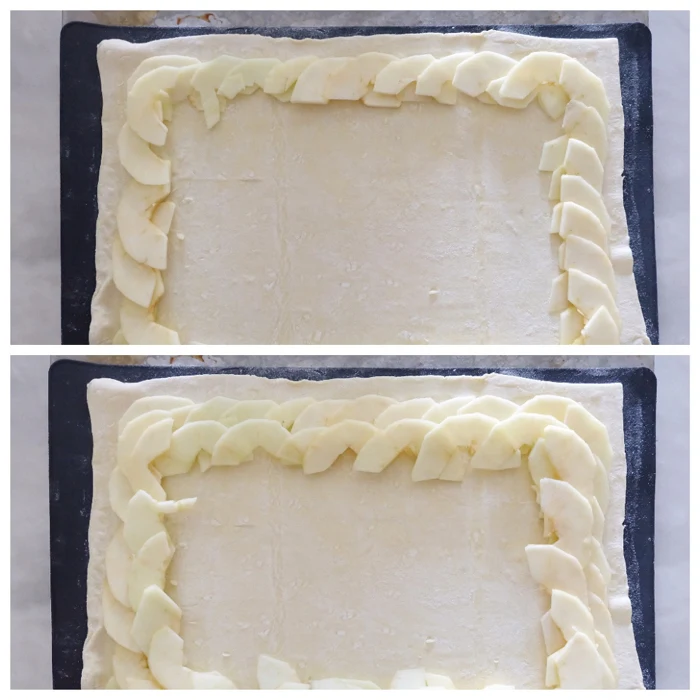 layering apple slices in rings around puff pastry