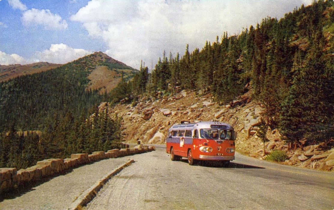 transpress nz 1950s Flxible Clipper tour bus, Rocky Mountains
