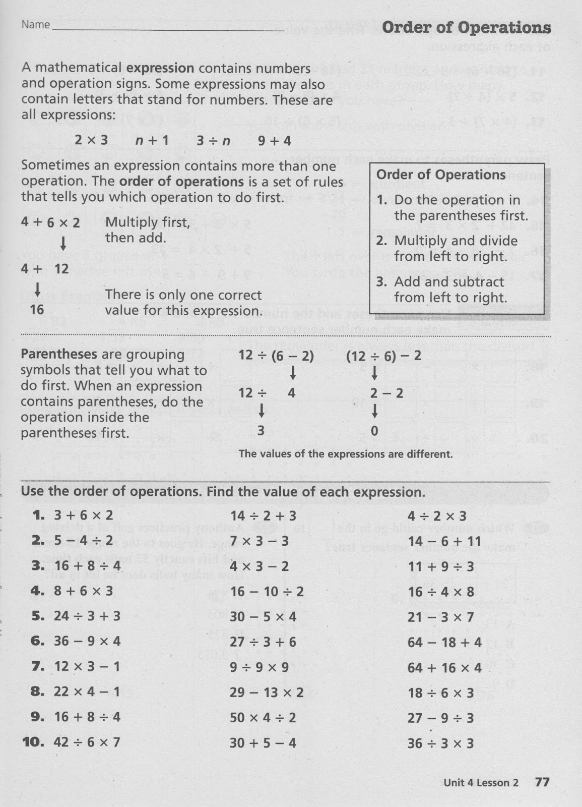 Free order of operations worksheets picture