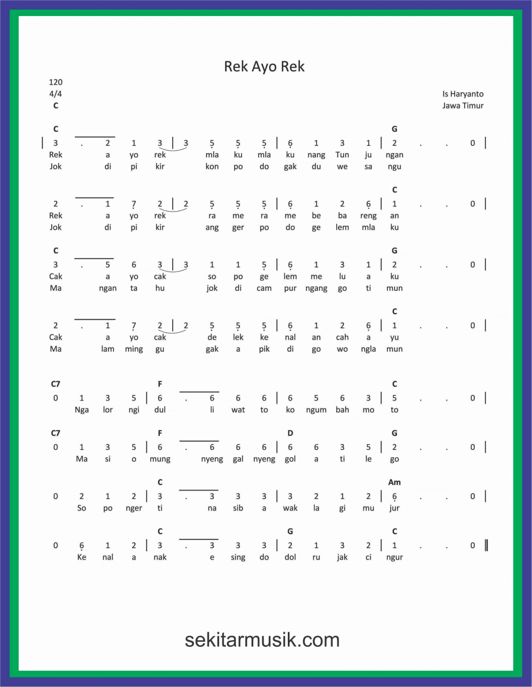 Not Angka Lagu Rek Ayo Rek Sekitar Musik
