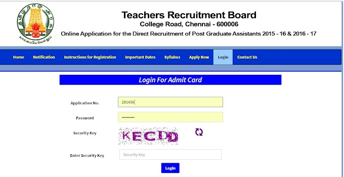 Hall Ticket of Direct Recruitment of Post Graduate Assistants / Physical Education Directors Grade - I for the year 2015 - 16 and 2016 - 17